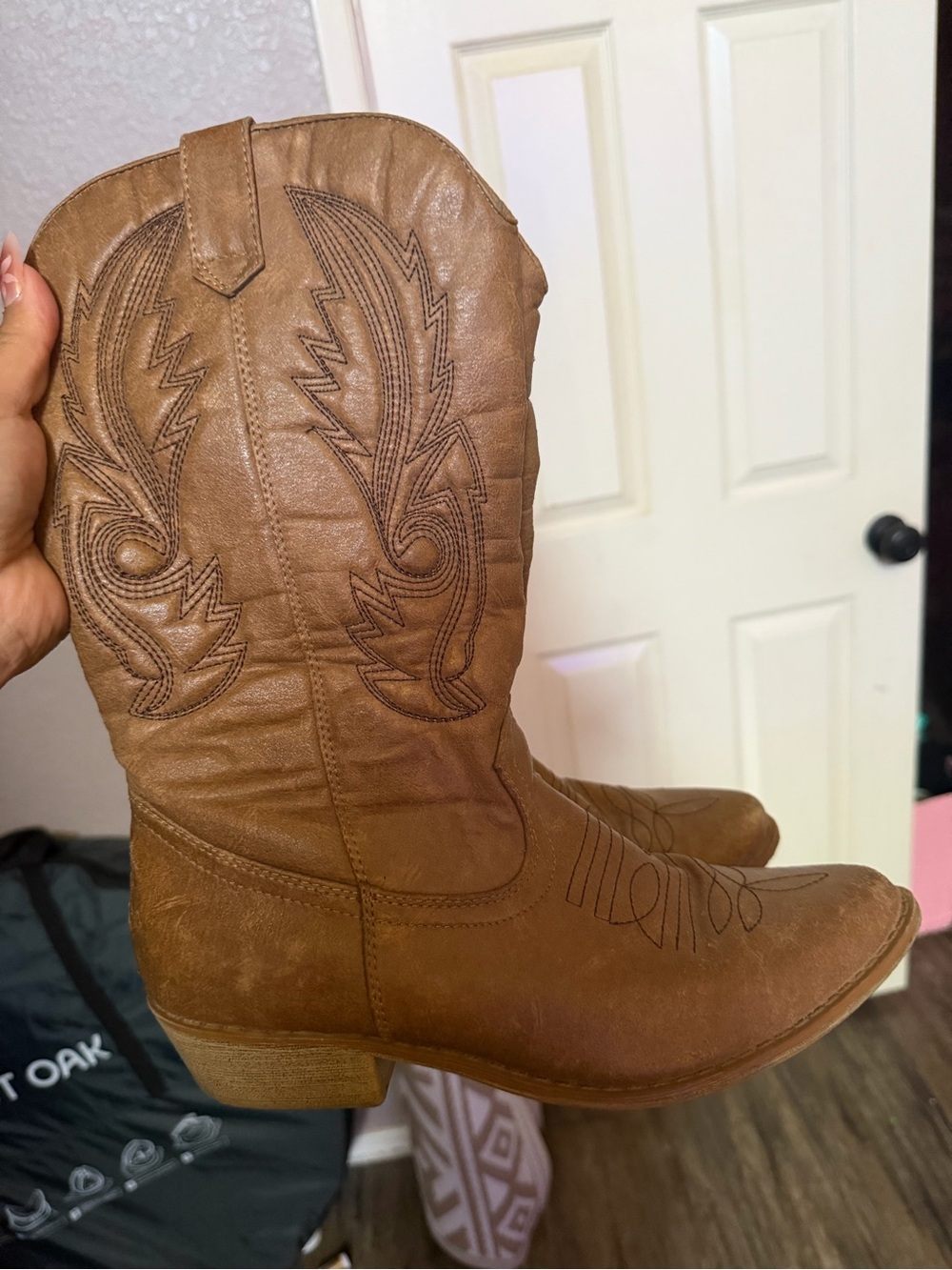 Coconuts Tan Leather Western Cowboy Boots with Embroidered Stitching - Picture 2 of 9
